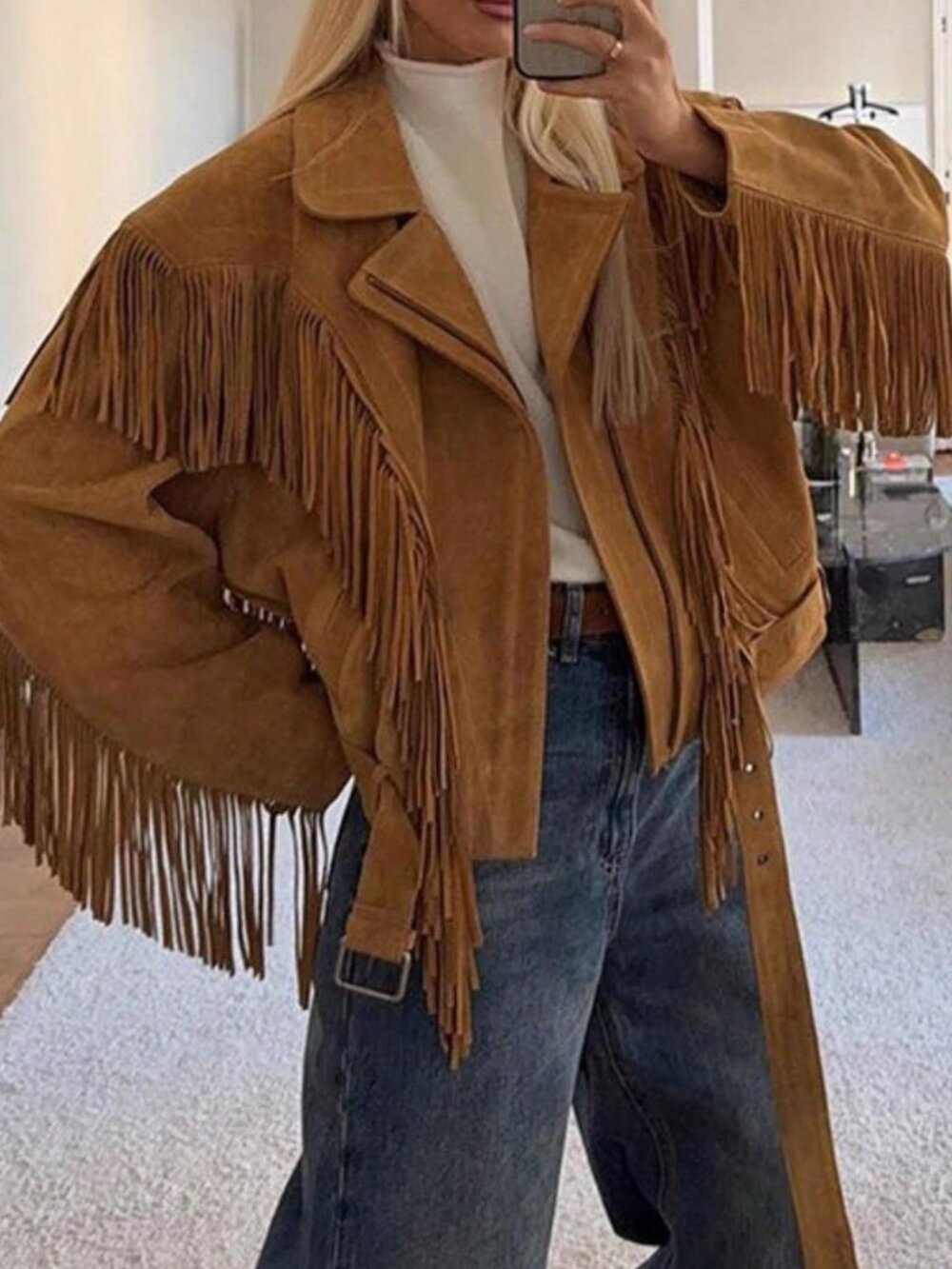 Khaki Party Women's Western Cowboy Fringe Faux Suede Zipper Biker Jacket